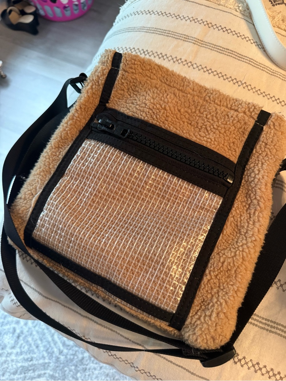 Sherpa Crossbody Messenger Bag in Tan with Black Trim
